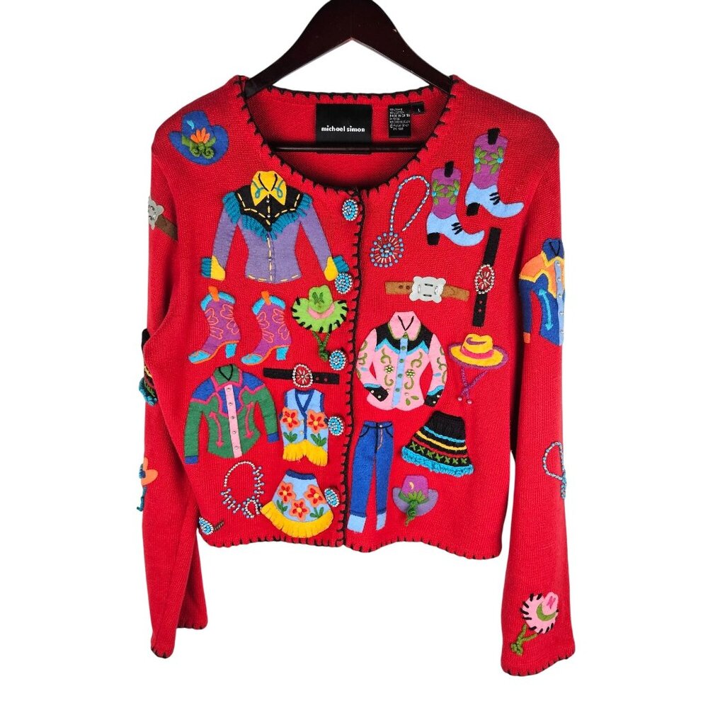 Michael Simon Red Embellished Western-Themed Cardigan